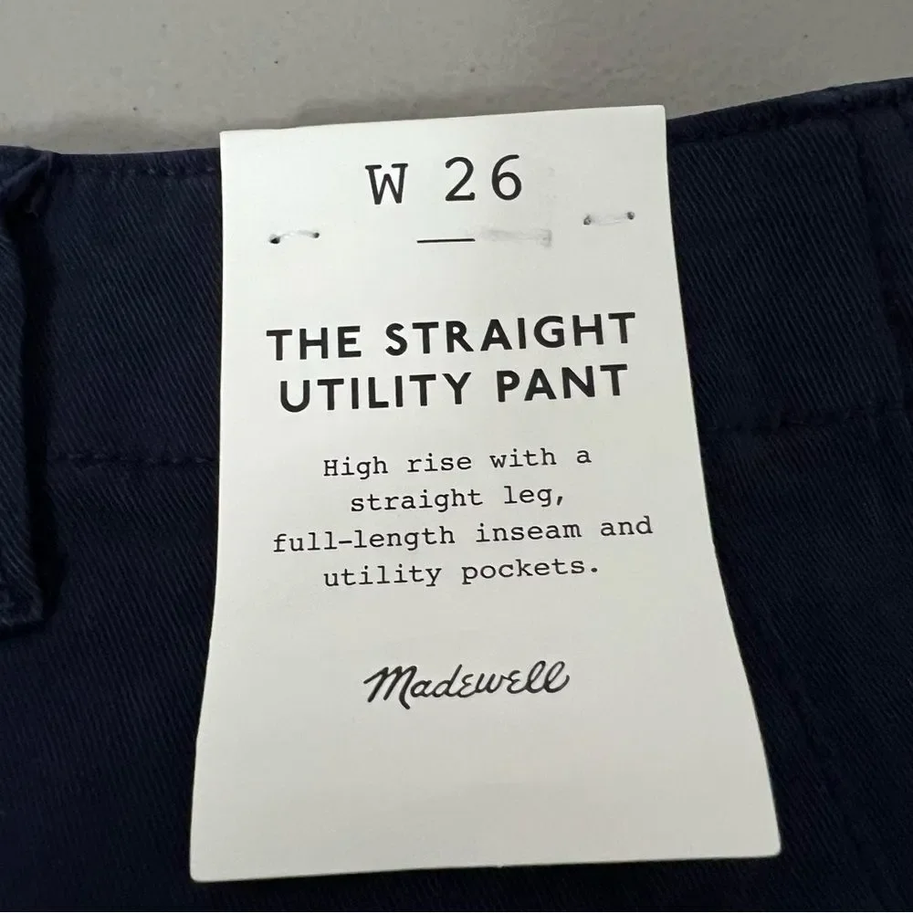 Madewell Straight Utility Pants NWT Size 26 Navy High Rise Full Length Twill